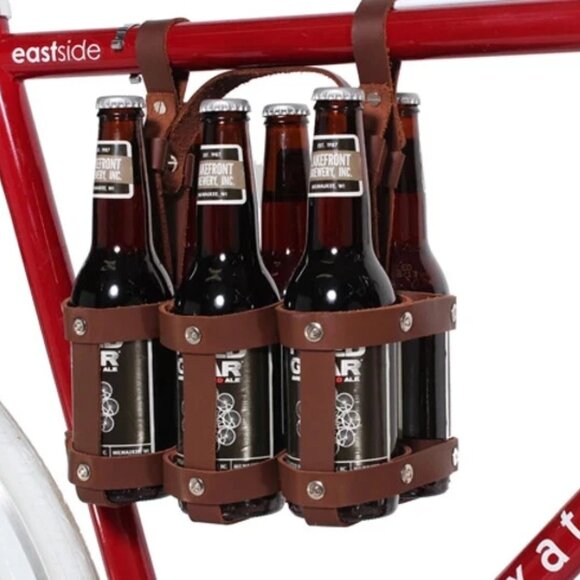 Leather Six Pack Beer Bottle Carrier for Bike - Brown - Picture 1 of 4